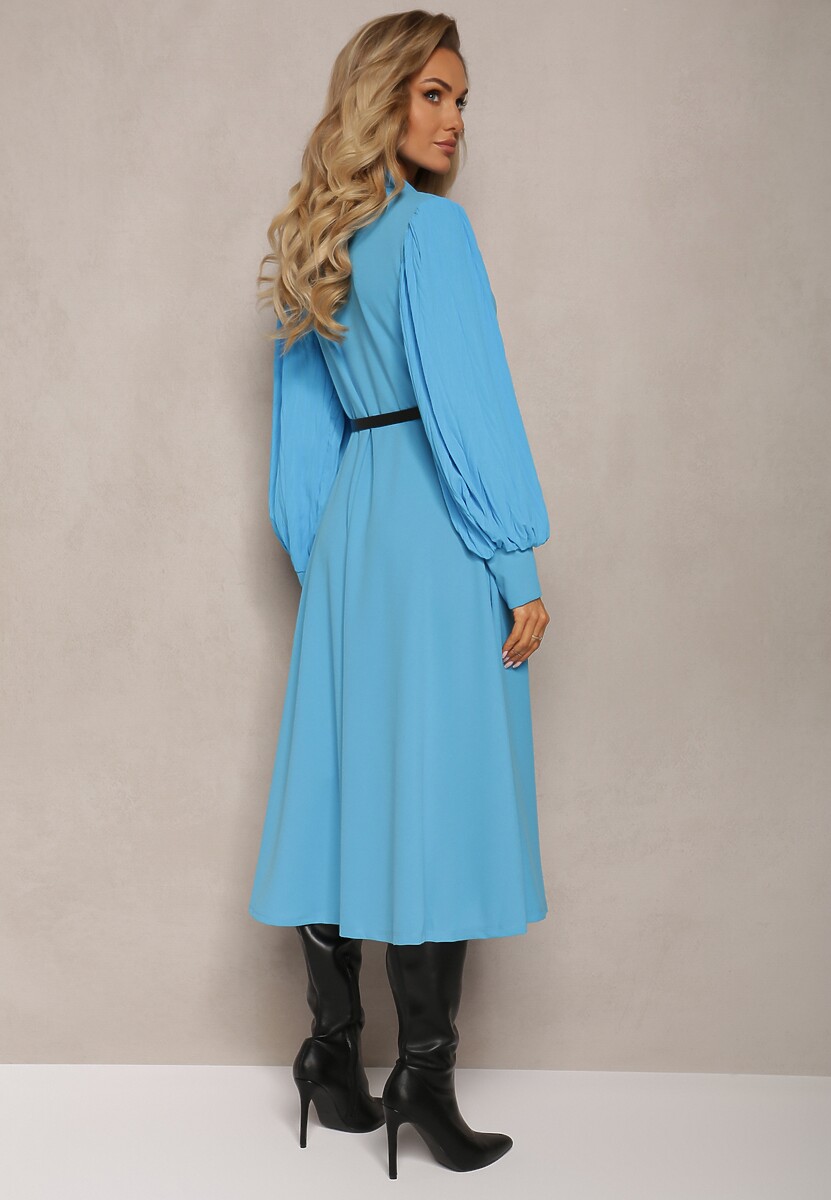 Niebieska Rozkloszowana Sukienka z Paskiem i Długim Rękawem Malaiyah