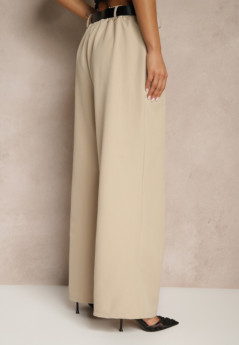 Beżowe Eleganckie Szerokie Spodnie Garniturowe z Wiskozą Ozdobione Paskiem Ravinae