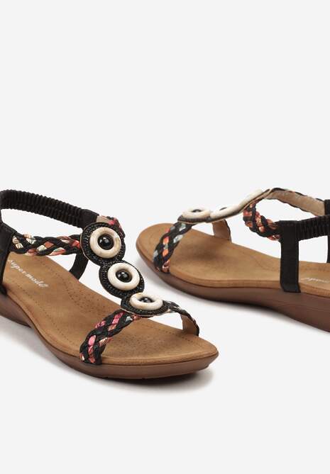 Czarne Sandały w Stylu Boho Ozdobione Plecionymi Paskami i Kryształkami Wiatrixa