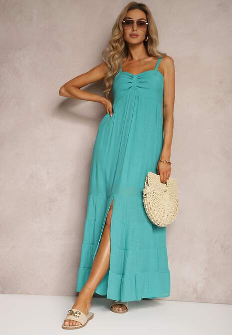 Miętowa Sukienka z Dodatkiem Bawełny na Ramiączkach z Regulacją oraz Gumką z Tyłu Tinanoras