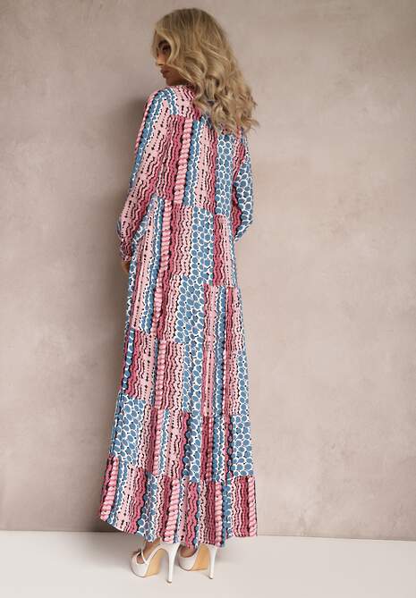 Niebiesko-Różowa Sukienka Maxi o Koszulowym Fasonie Vender