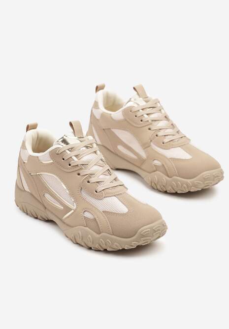 Ciemnobeżowe Sneakersy Ozdobione Tłoczoną Cholewką Pillitha