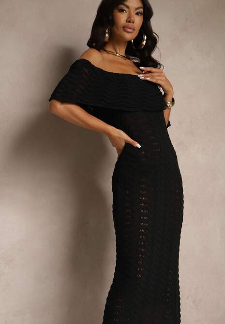 Czarna Sukienka Hiszpanka z Ażurowej Tkaniny z Ozdobnym Dekoltem Filadella