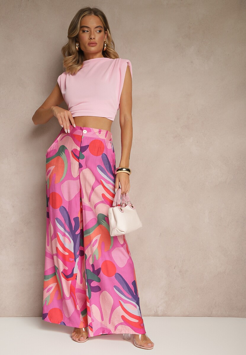 Fuksjowe Spodnie z Wiskozy o Szerokim Kroju High Waist ze Wzorem Liści Ralimia