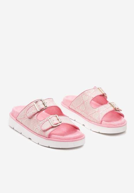 Fuksjowe Klapki Ozdobione Plecionym Materiałem i Klamrami Ellyra