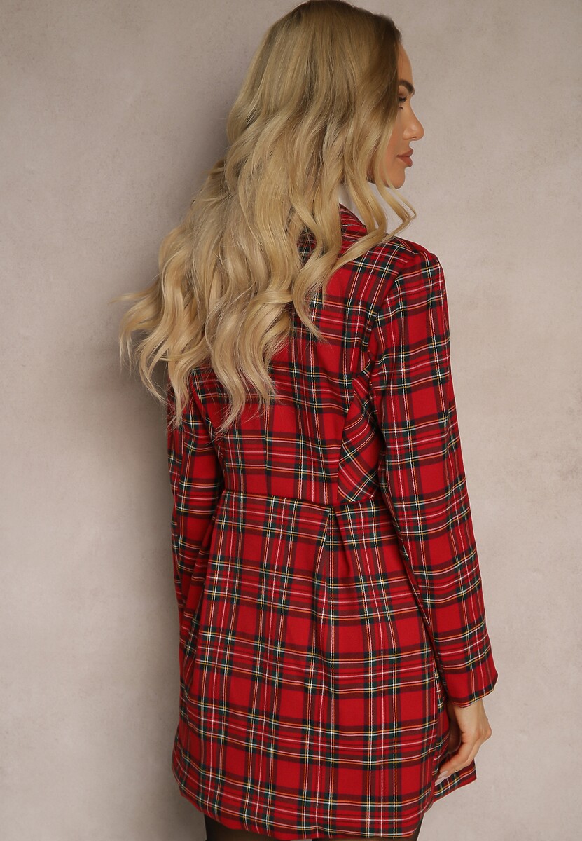 Czerwona Rozkloszowana Marynarka w Kartkę Zapinana na Ozdobny Guzik Delathria