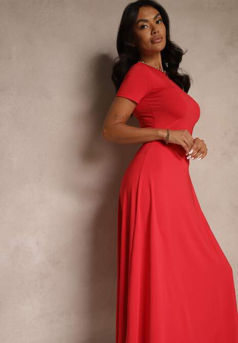 Czerwona Taliowana Sukienka z Krótkim Rękawem Liranisea