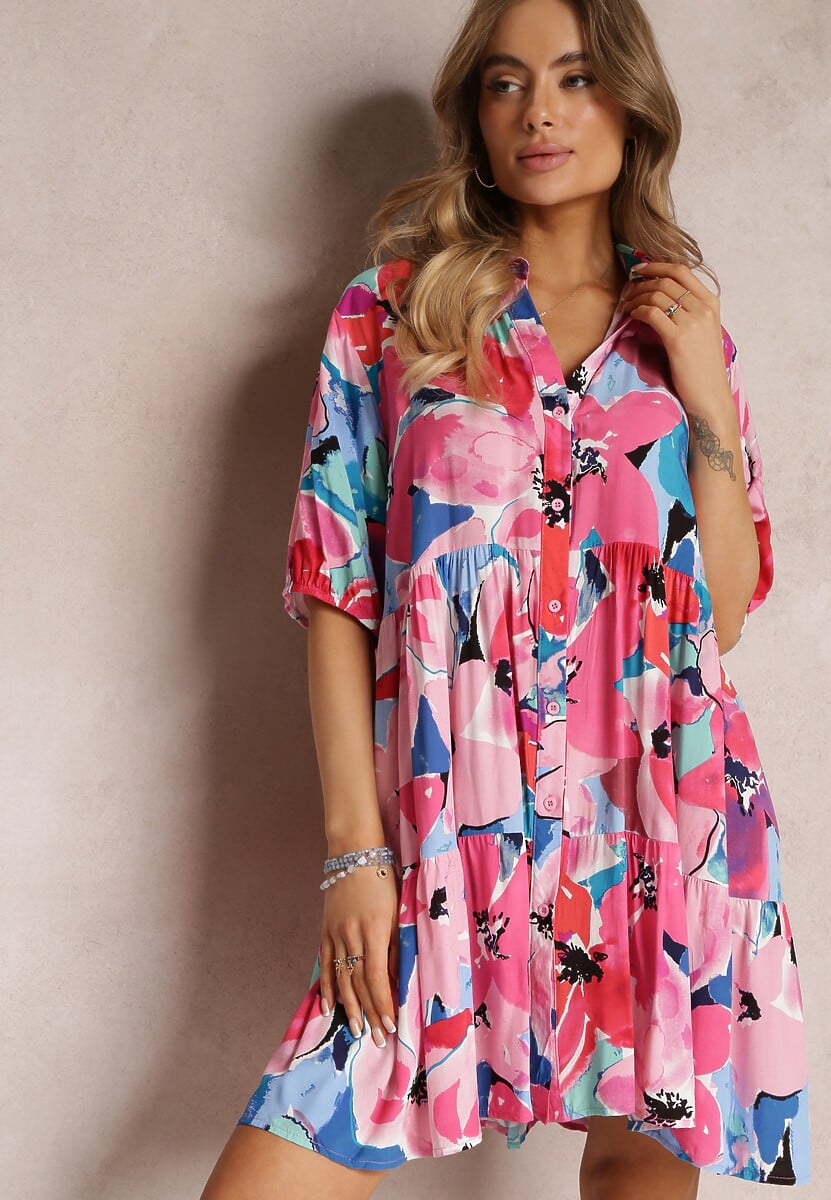 Różowa Koszulowa Sukienka Mini z Wiskozy z Falbaną na Dole Yalle