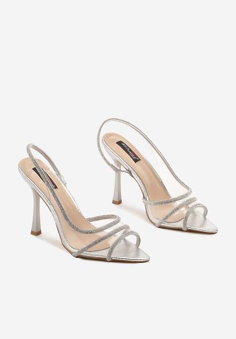 Srebrne Transparentne Sandały na Cienkiej Szpilce Ozdobione Cyrkoniami Glarra