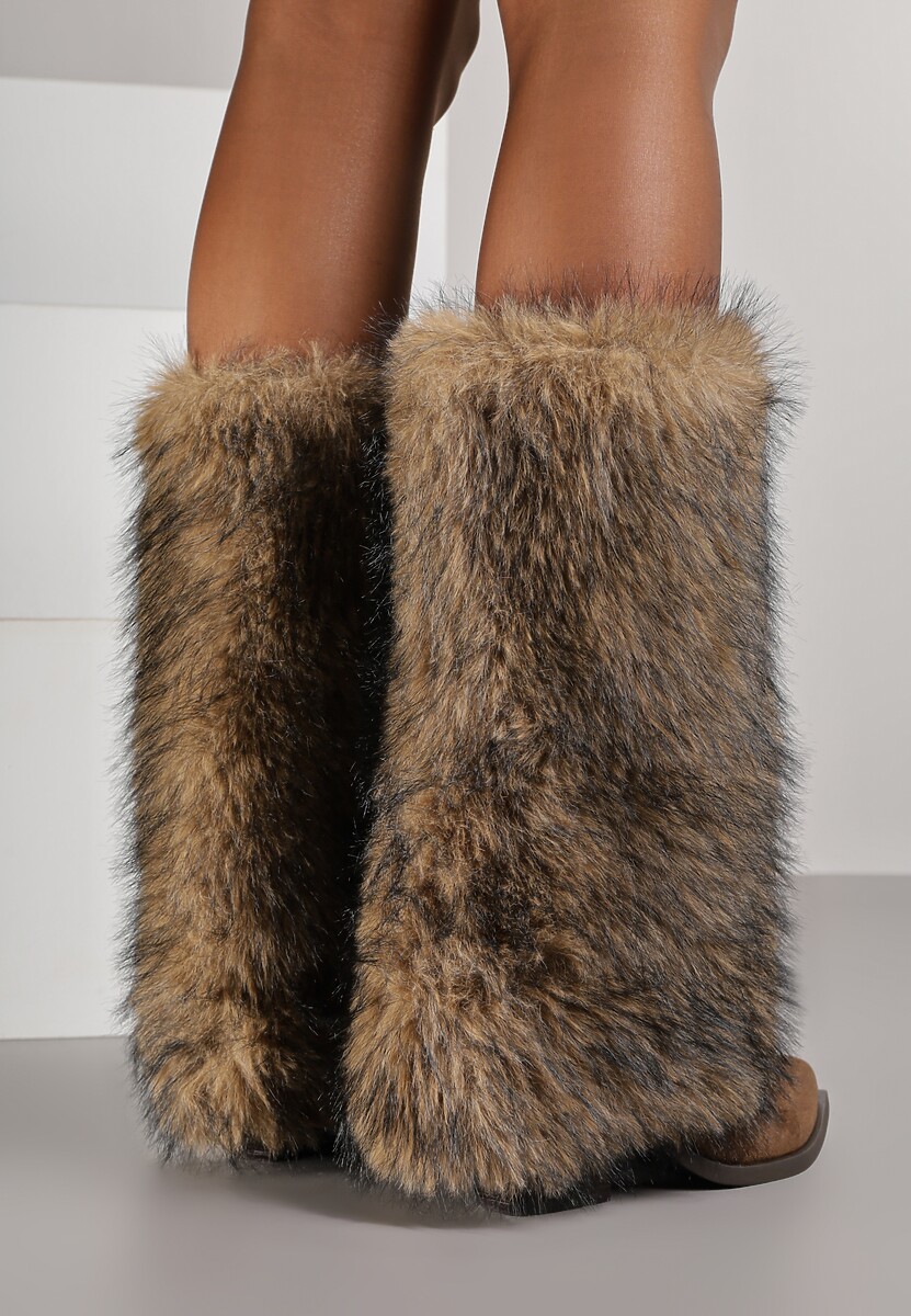 Brązowe Kozaki na Stożkowym Obcasie z Wywiniętą Cholewką z Futerka Tesmira