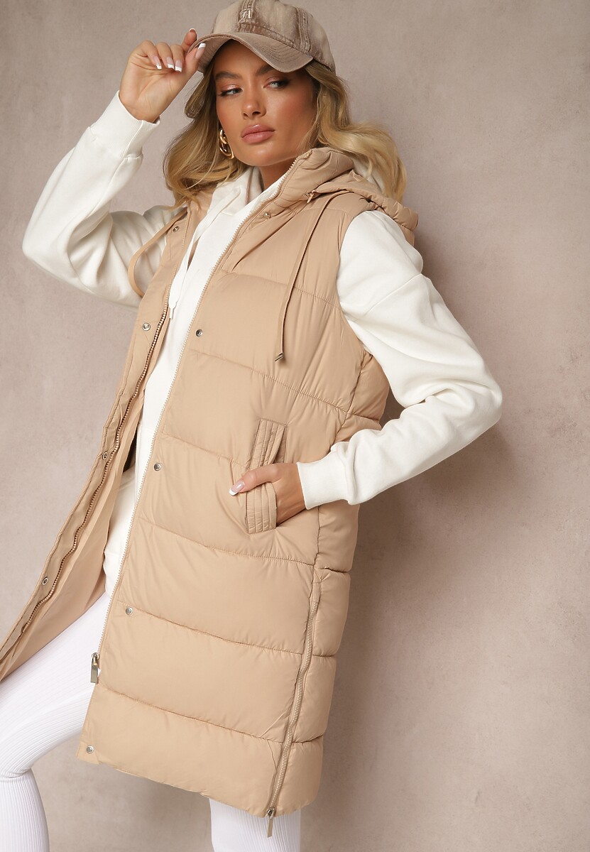 Ciemnobeżowa Kamizelka Pikowana z Kapturem Ozdobiona Sznurkami Eleandra