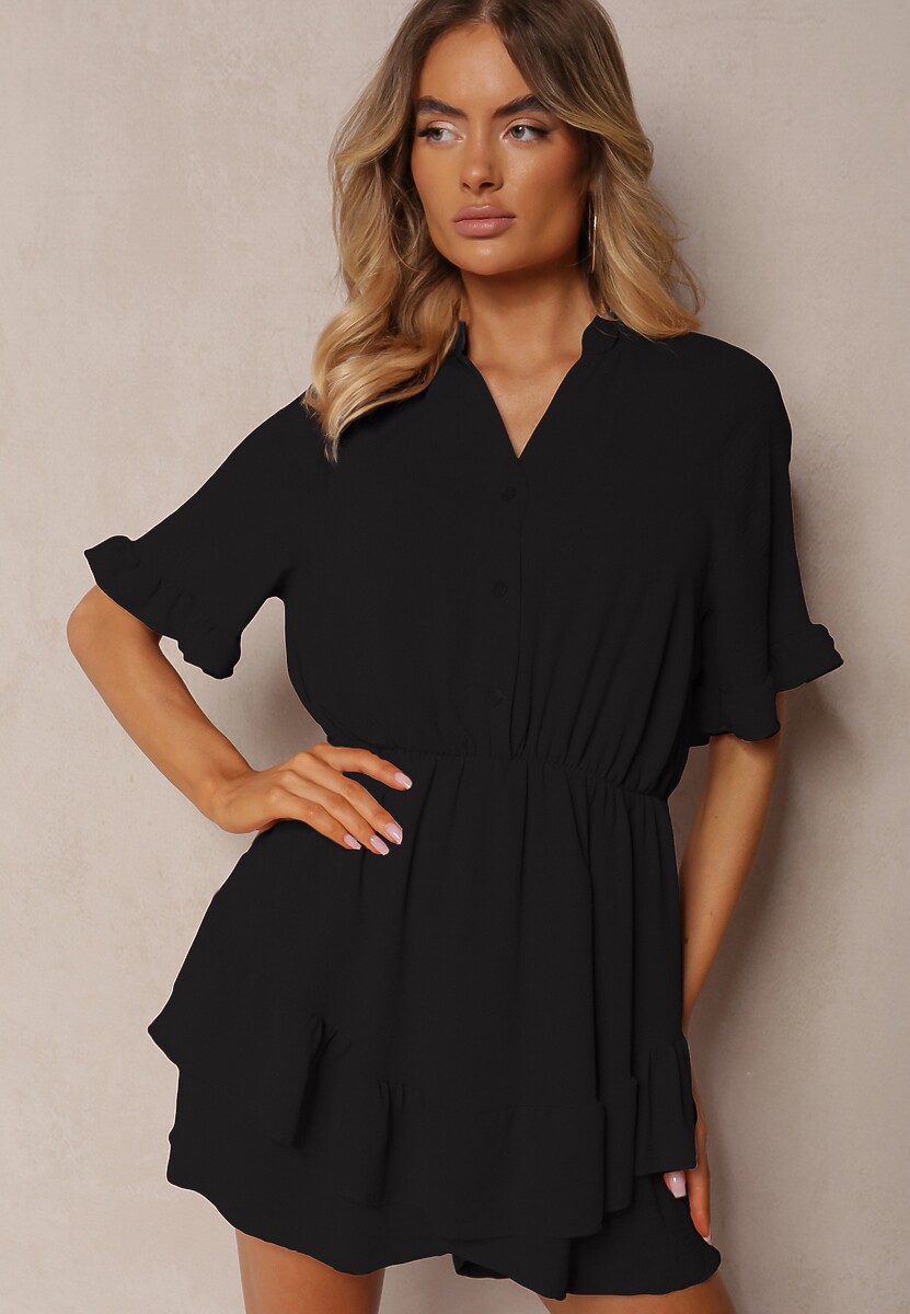 Czarny Kombinezon o Taliowanym Kroju z Falbanką przy Rękawach i Gumką w Pasie Nansili