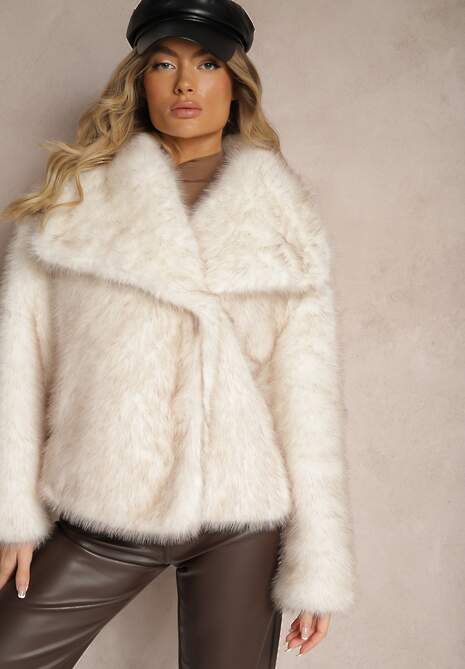 Jasnobeżowa Elegancka Kurtka Futerko z Kołnierzem Vertirida