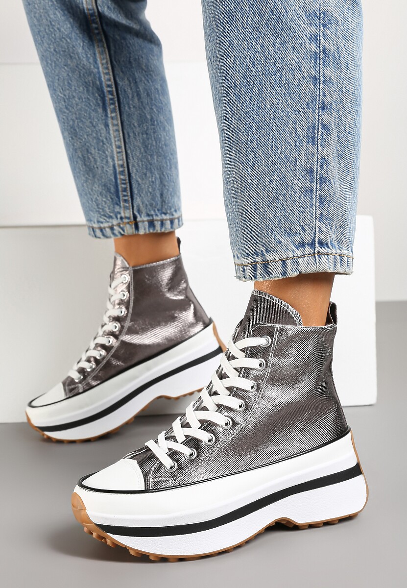 Srebrno-Szare Sznurowane Trampki za Kostkę na Platformie Ealsevia