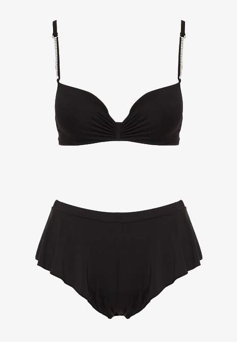 Czarne Bikini Usztywniany Biustonosz z Cyrkoniami i Spodenki Kąpielowe Wykończone Gumką w Pasie Rilamia