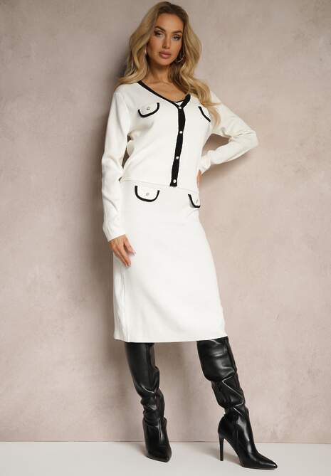 Biały Komplet Dzianinowy z Wiskozą Top Rozpinany Kardigan Spódnica o Dopasowanym Kroju Emavenda