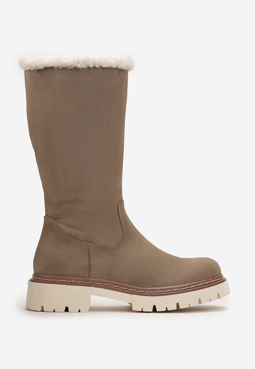 Ciemnobeżowe Botki z Szeroką Cholewką z Futerkiem na Krawędzi Benaxa