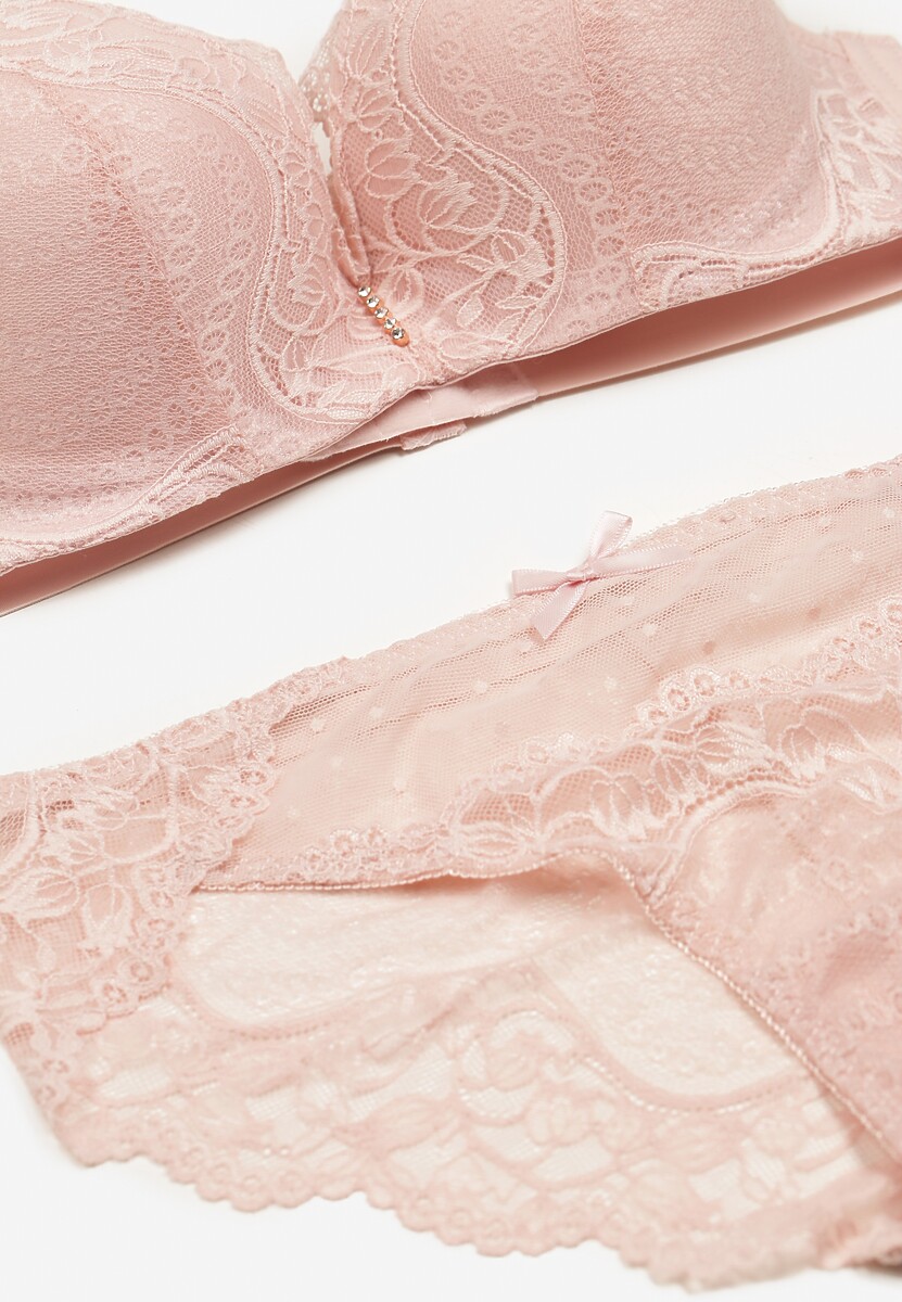 Różowy Komplet Koronkowy z Kokardkami Majtki typu Figi i Biustonosz Full Cup Iriniues