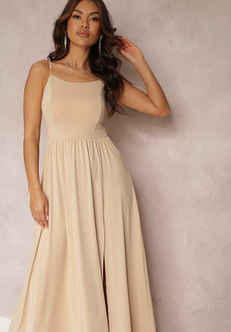 Beżowa Rozkloszowana Sukienka Maxi na Cienkich Ramiączkach z Rozporkiem Weslyn