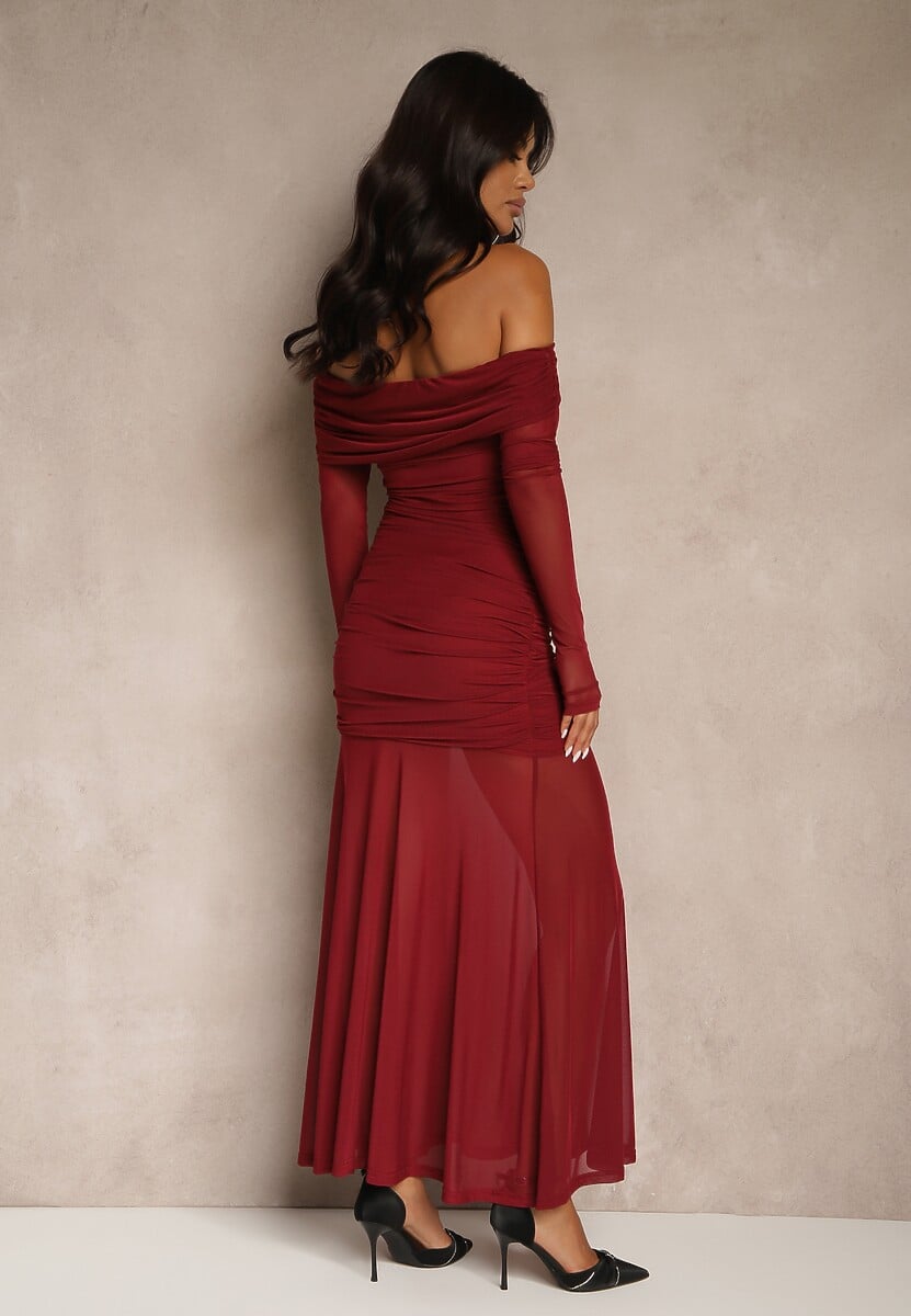 Bordowa Koktajlowa Sukienka z Prześwitującymi Rękawami i Marszczeniem Haludea