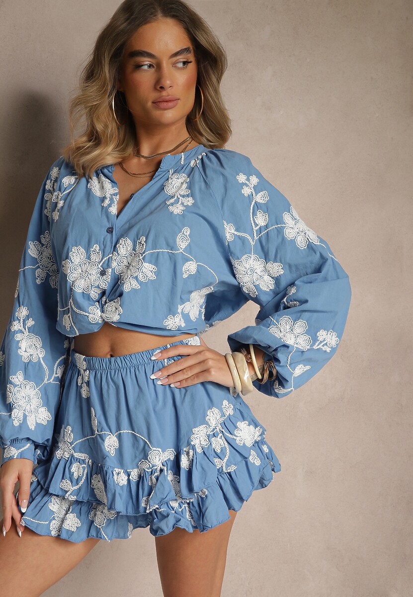 Niebieski Komplet z Bawełny  Spódnico-Spodenki i Koszula z Szerokimi Rękawami Savalene