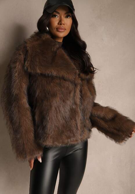 Brązowa Kurtka Futerko o Jednorzędowym Kroju z Szerokim Kołnierzem Dezile