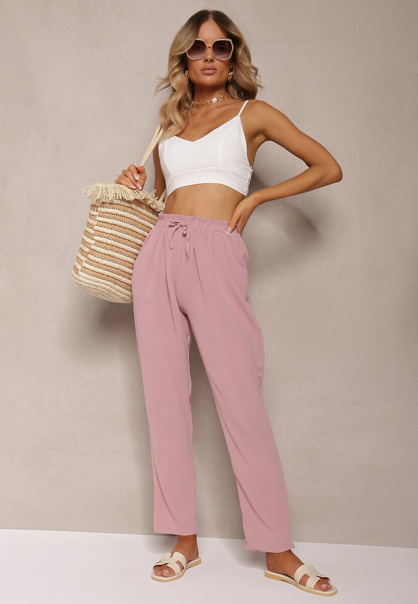 Niebieskie Spodnie z Regularną Talią z Gumką i Sznurkiem w Pasie Cerinda