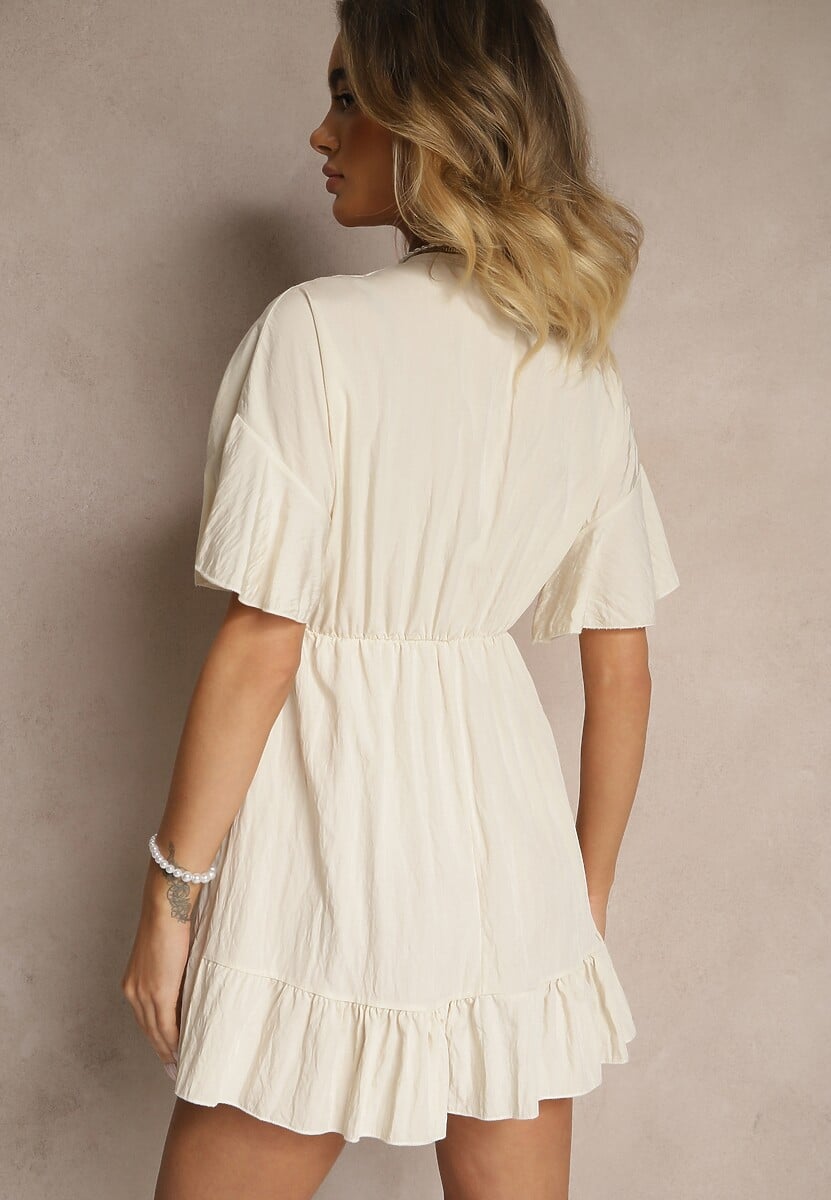 Beżowa Rozkloszowana Sukienka z Wiskozą z Rękawami Typu Nietoperz i Falbanką Nellimi