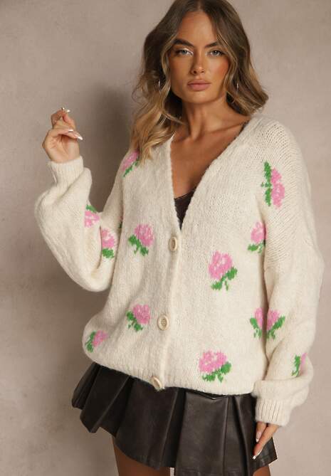 Jasnobeżowy Oversizowy Kardigan z Dodatkiem Wełny w Kwiaty Nelenesa