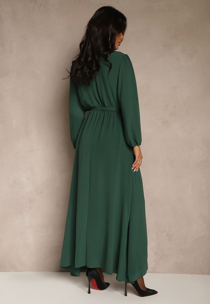 Zielona Asymetryczna Koktajlowa Sukienka z Wiskozą Kopertowym Dekoltem i Paskiem Laniea