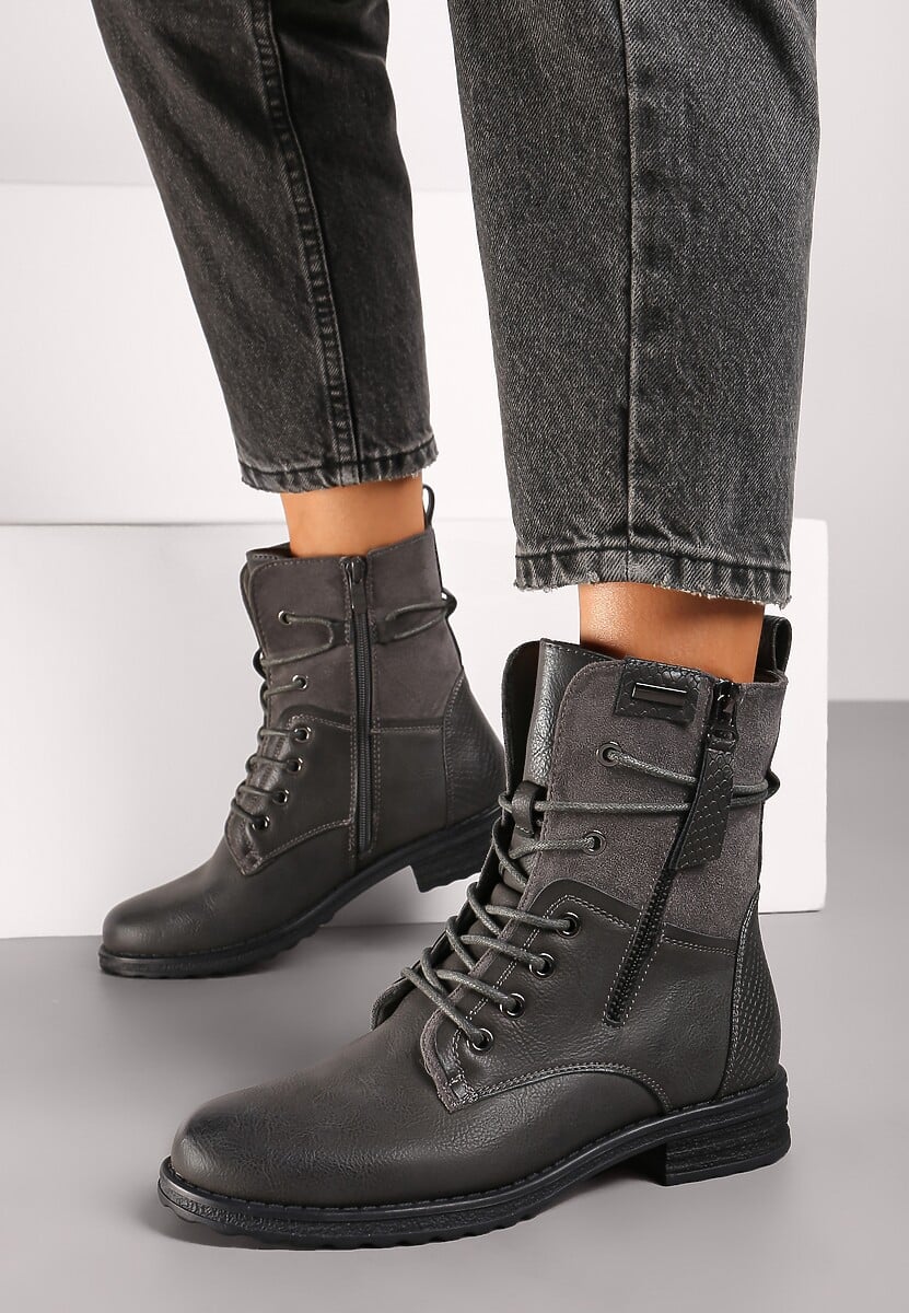 Szare Botki Typu Trapery Ozdobione Wstawką z Ekozamszu i Suwakiem Debisha