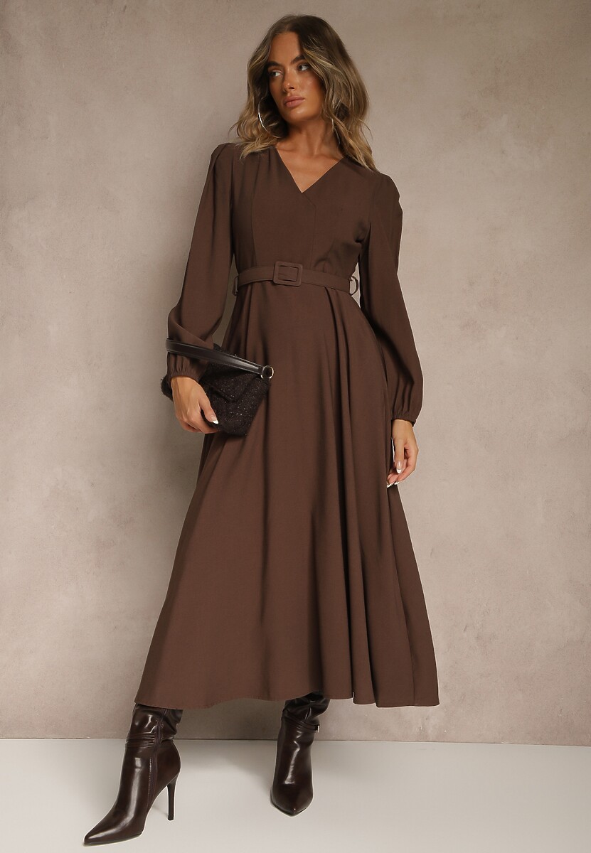 Brązowa Rozkloszowana Sukienka z Wiskozy z Paskiem ze Sprzączką Orille