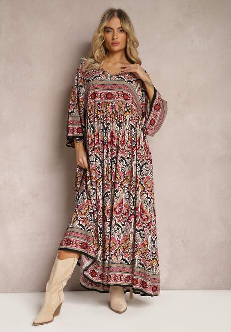 Czarno-Bordowa Rozkloszowana Sukienka we Wzór Paisley z Rękawem 3/4 Briarwa