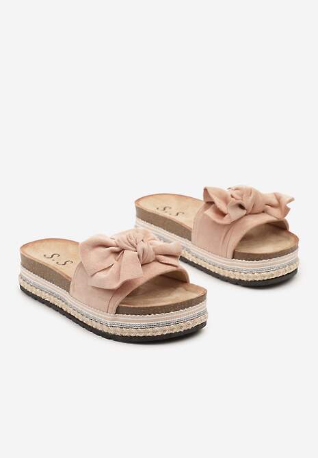 Różowe Casualowe Klapki na Płaskiej Ozdobnej Podeszwie z Kokardką Gladiara