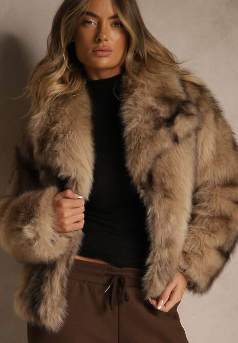 Beżowa Kurtka Futerko z Ozdobnym Kołnierzem Fitene