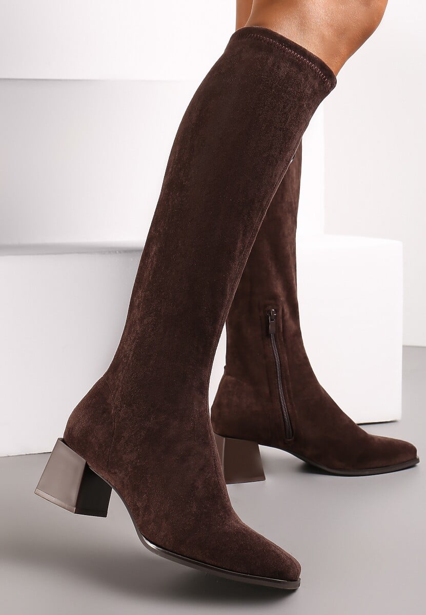 Brązowe Kozaki na Słupku z Imitacji Zamszu Haziela