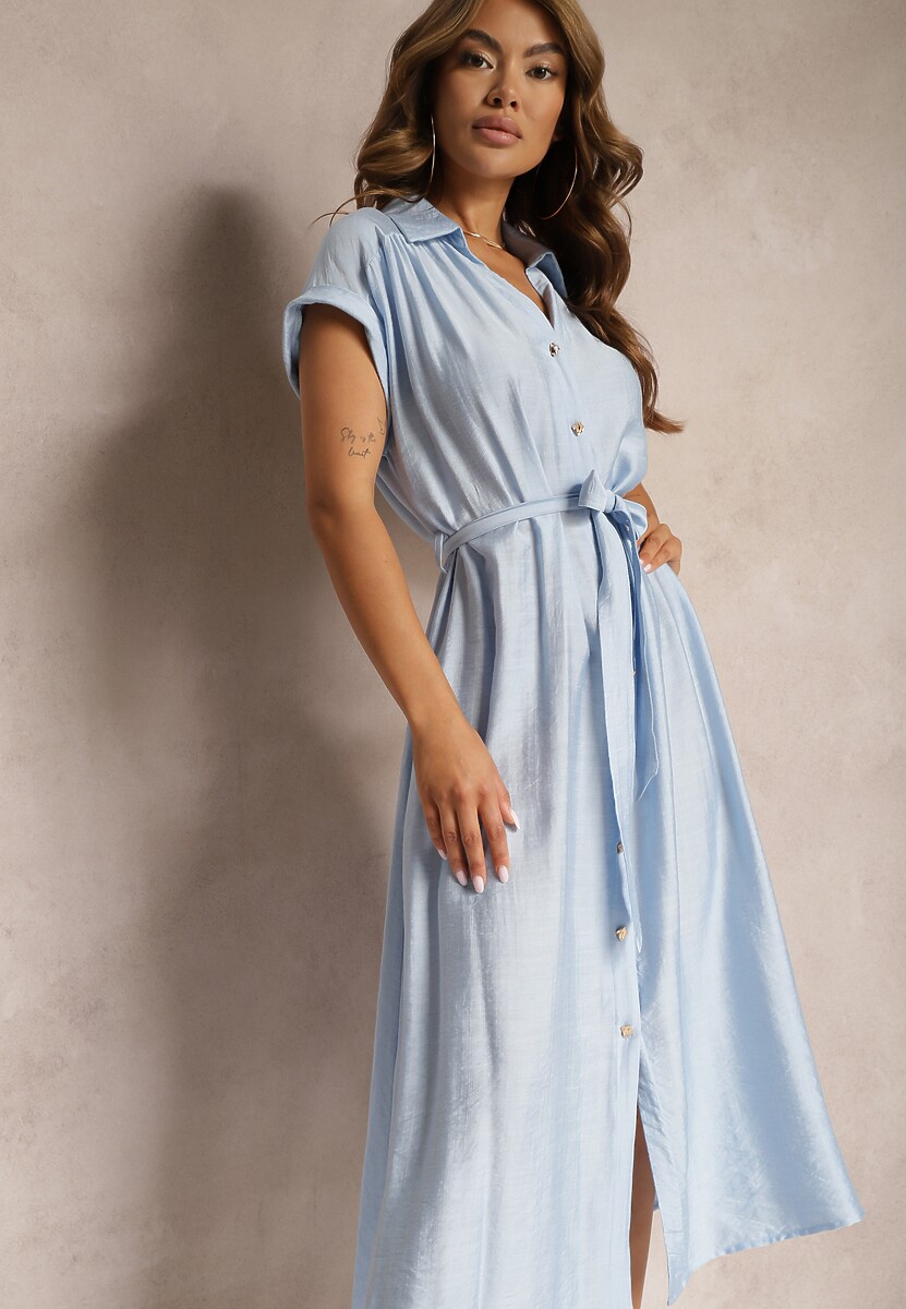 Czarna Rozkloszowana Sukienka o Koszulowym Kroju Ozdobiona Paskiem w Talii i Guzikami Rosofia