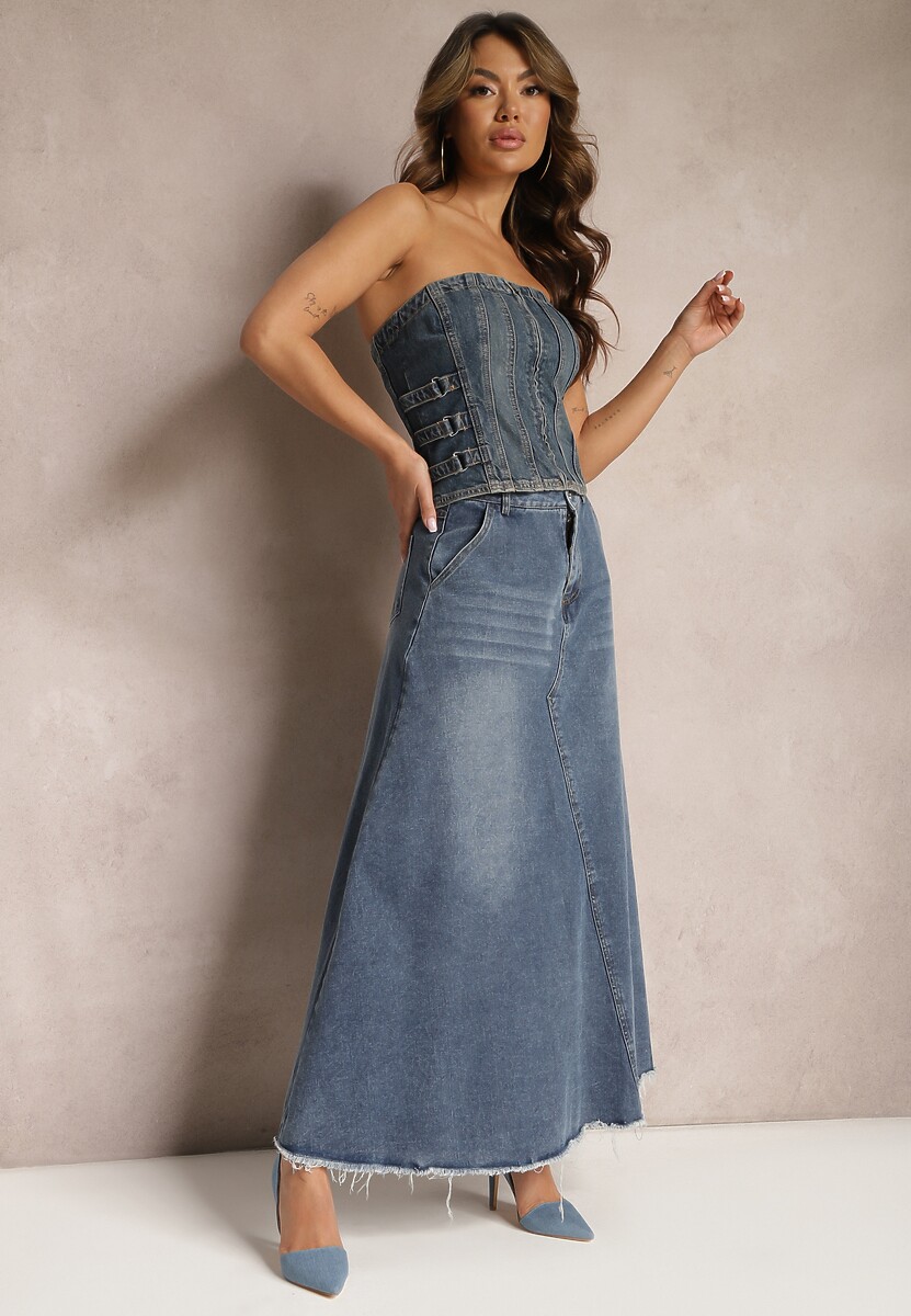 Niebieska Trapezowa Spódnica z Bawełny Jeansowa Ozdobiona Paskiem i Strzępieniami na Dole Meraleo