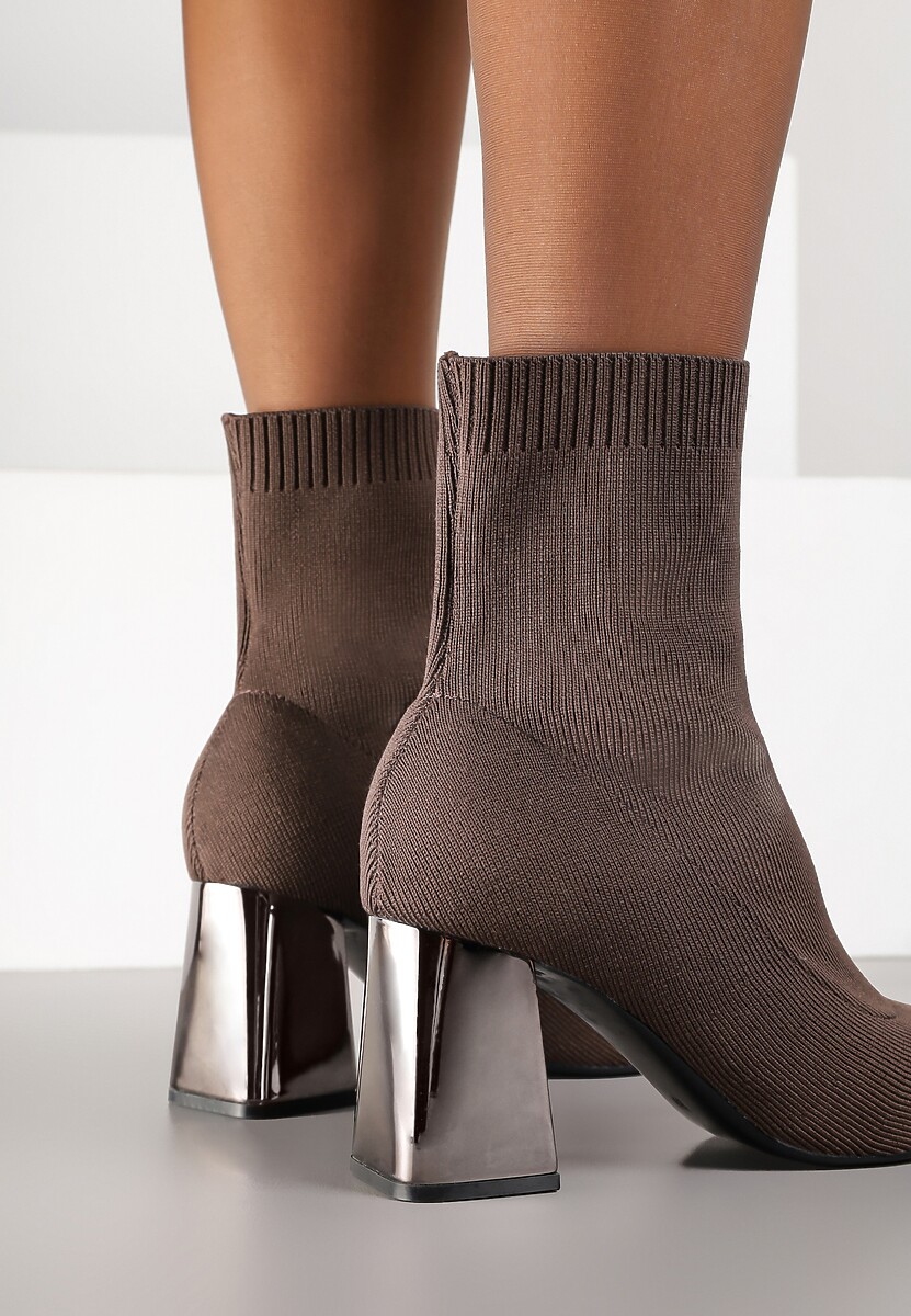 Brązowe Skarpetkowe Botki Vices na Metalicznym Słupkowym Obcasie Widvira