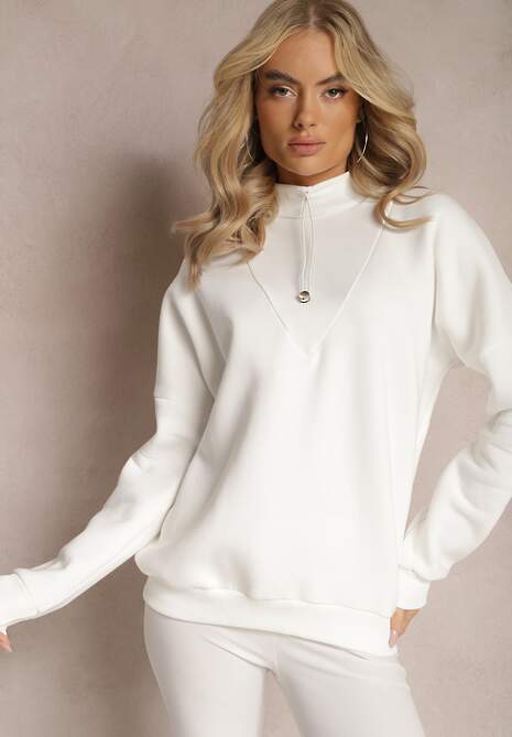 Biała Ocieplana Bluza Bawełniana z Półgolfem Heraia