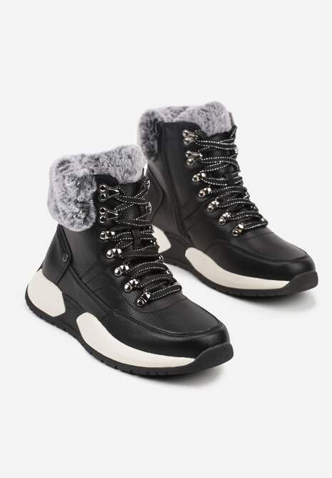 Czarne Trapery Ocieplone i Ozdobione Pluszowym Futerkiem Zenela