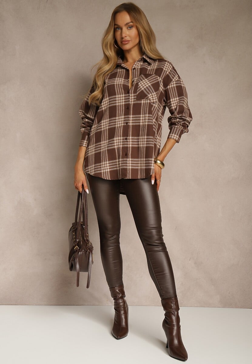 Brązowa Koszula z Bawełny Ozdobiona Kratą Monitela