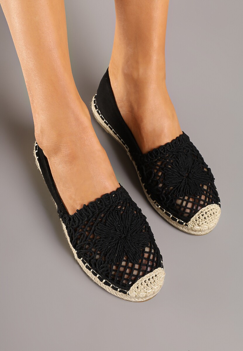 Czarne Ażurowe Espadryle na Podeszwie z Plecionki Nusariana