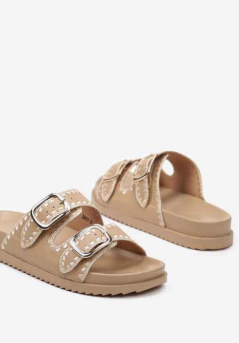 Ciemnobeżowe Klapki na Platformie z Regulowanymi Klamrami Fullemia