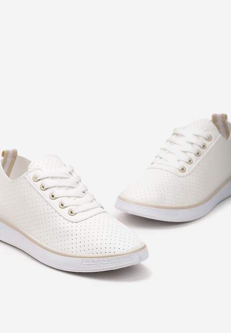 Beżowe Sznurowane Tenisówki z Ozdobną Taśmą na Tyle i Perforacją Kavinna