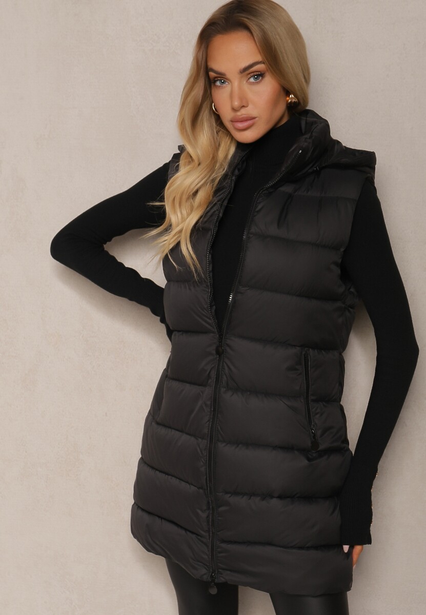 Czarna Kamizelka z Pikowanymi Przeszyciami o Klasycznym Kroju z Kapturem Zeriyana