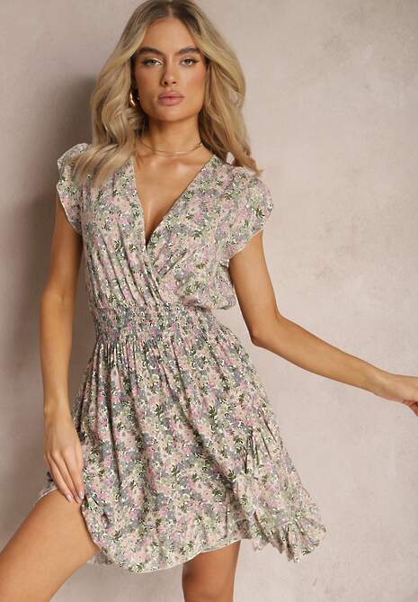 Szaro-Różowa Krótka Sukienka z Bawełny w Kwiaty z Gumką w Talii Hineoria