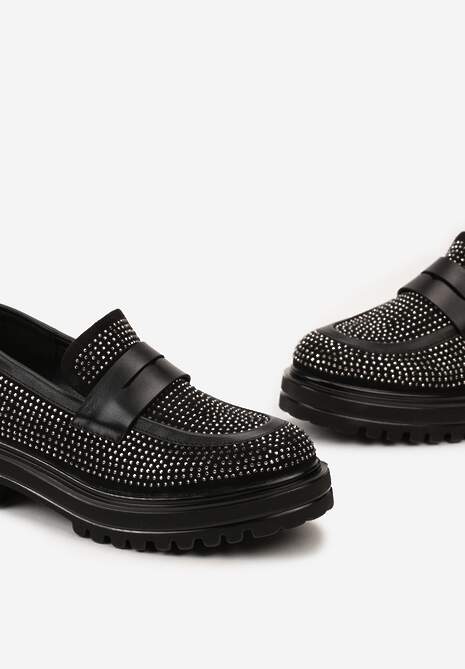 Czarne Mokasyny z Cyrkoniami na Grubej Podeszwie Veliomena