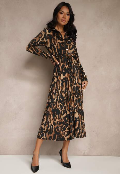 Brązowa-Czarna Długa Sukienka Koszulowa z Wiązaniem w Talii Levae