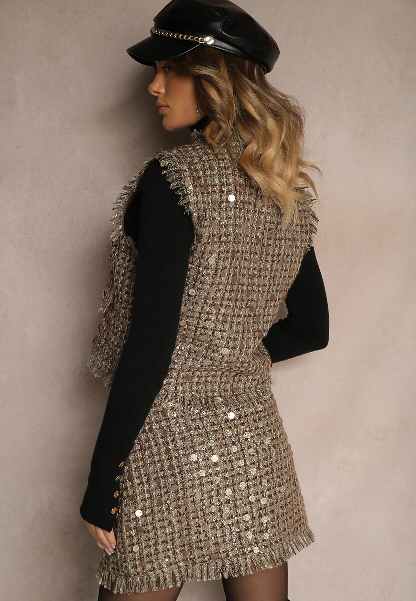 Zielono-Złota Kamizelka Garniturowa z Wełną Frędzlami i Cekinami Lesaltia